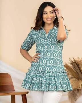 ikat print tunic with frilled detail