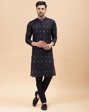 ikat printed long kurta with mandarin collar