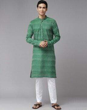 ikat printed long kurta with mandarin collar