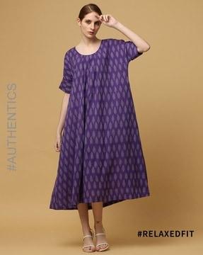 ikat round neck front pleated flared cotton dress