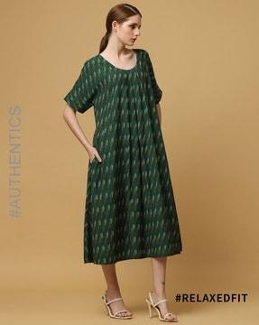 ikat round neck front pleated flared cotton dress