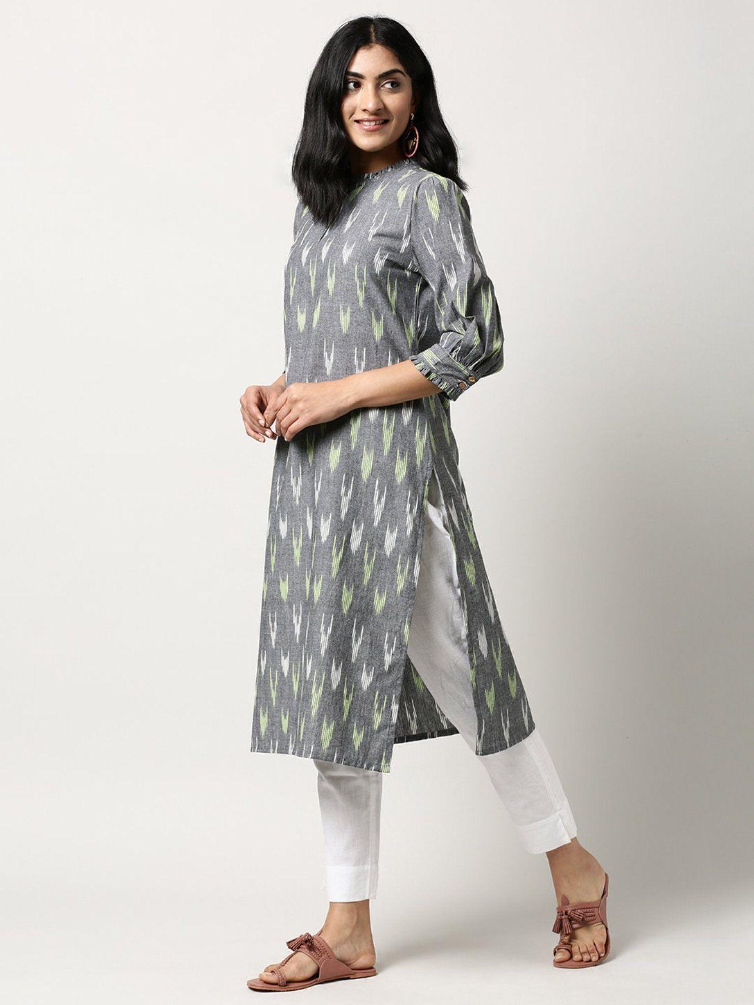 ikat ruffle neck and three fourth sleeve kurta