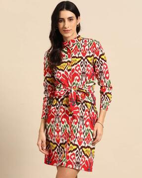 ikat shirt dress with waist tie-up