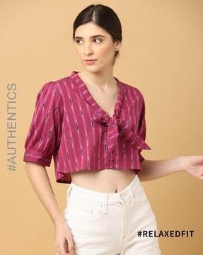 ikat v-neck causal cotton crop top