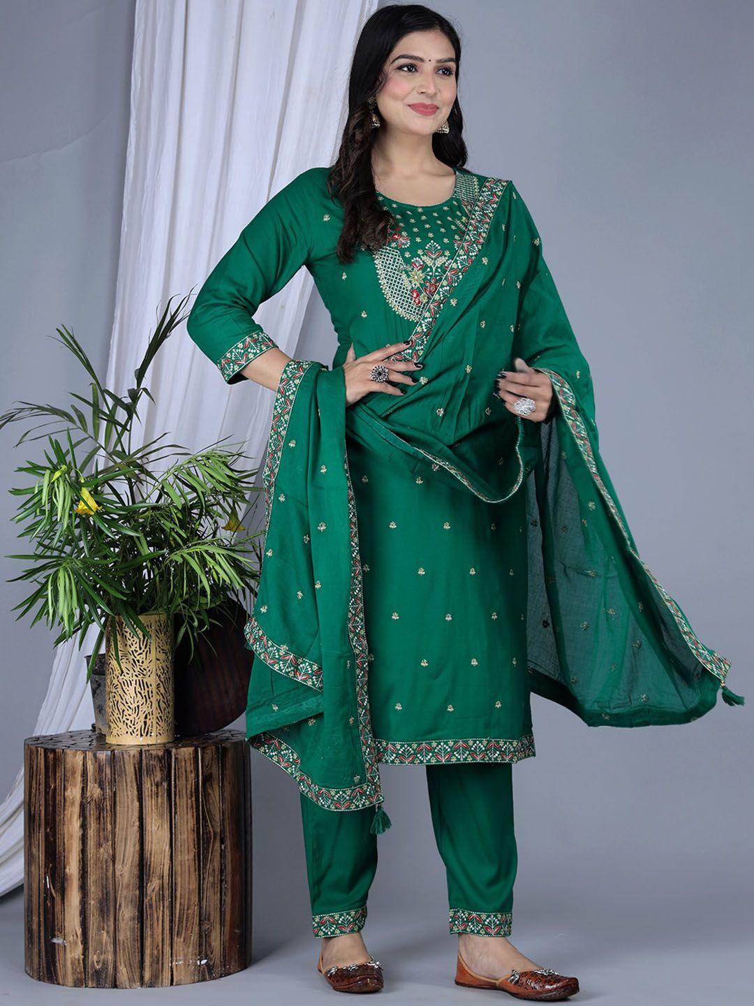 ikdaiya ethnic motifs embroidered kurta with trousers & with dupatta