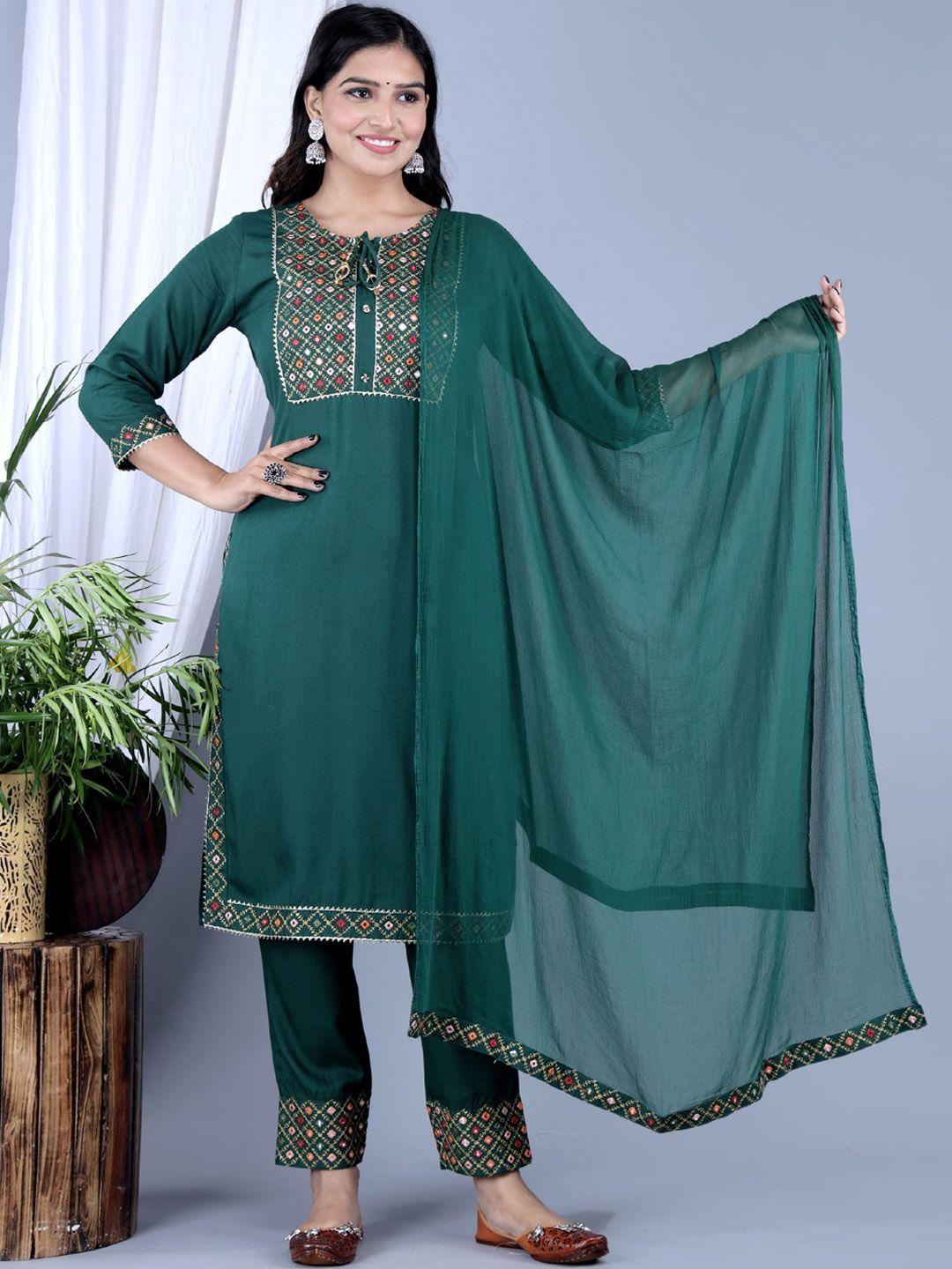 ikdaiya ethnic motifs embroidered mirror work kurta with trousers & dupatta