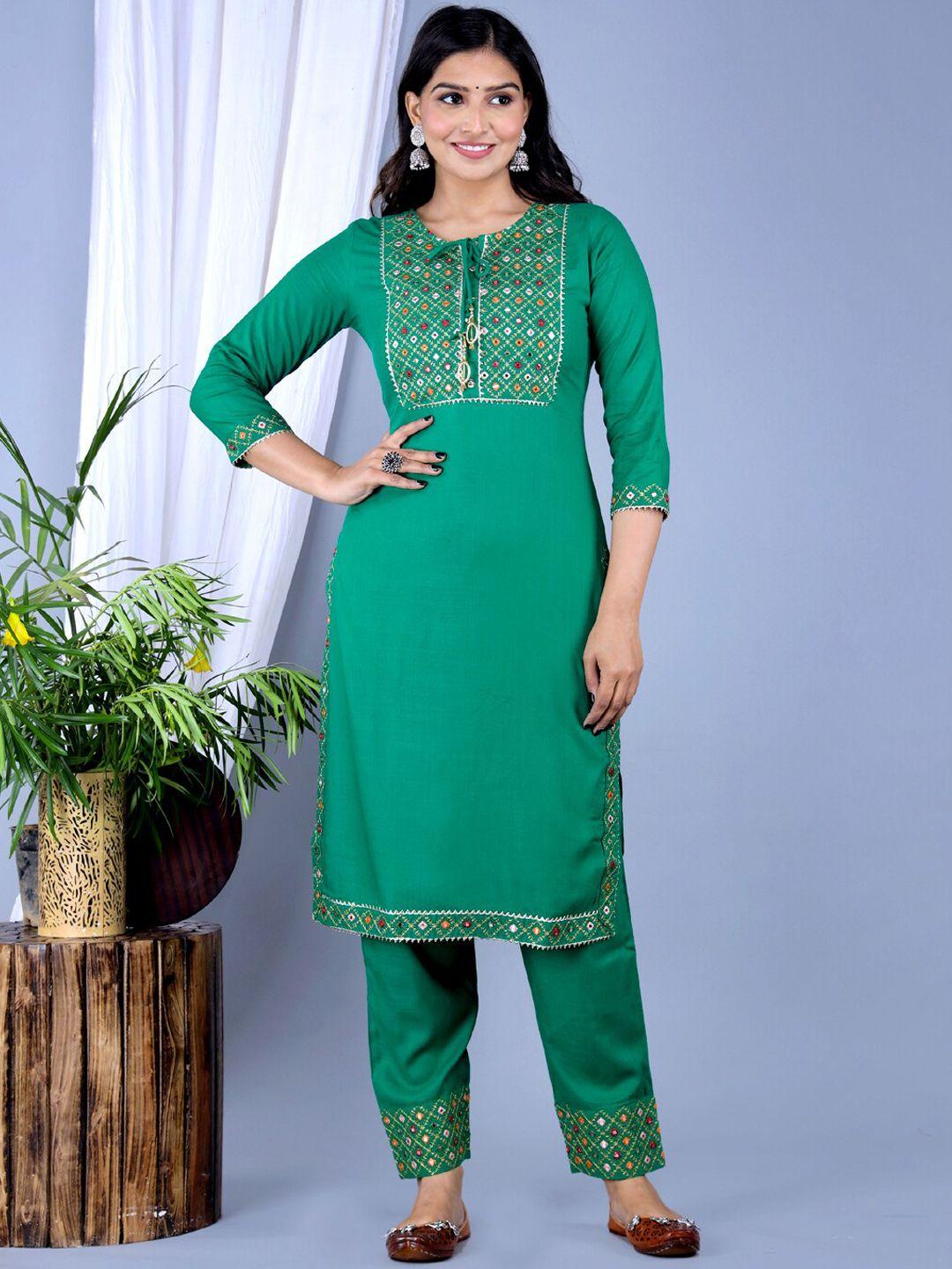 ikdaiya ethnic motifs embroidered mirror work kurta with trousers & dupatta