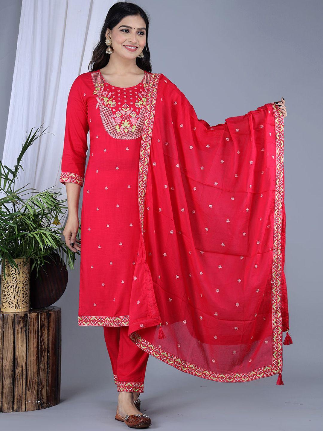 ikdaiya ethnic motifs embroidered regular kurta with trousers & dupatta