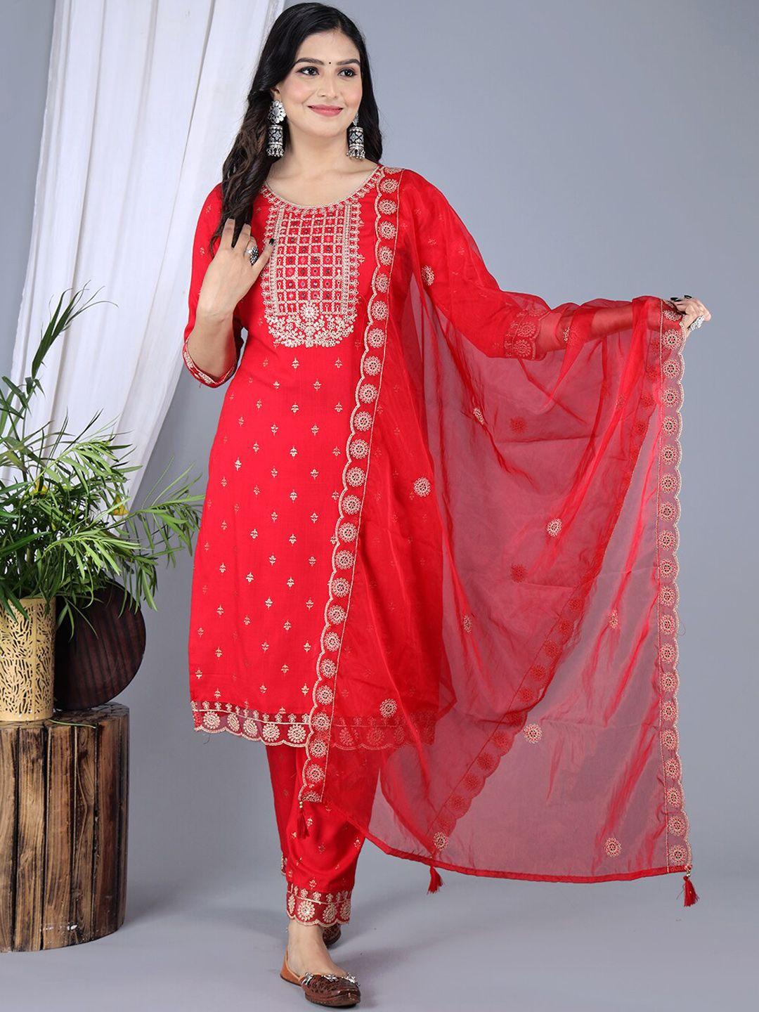 ikdaiya ethnic motifs embroidered regular mirror work kurta with trousers & dupatta