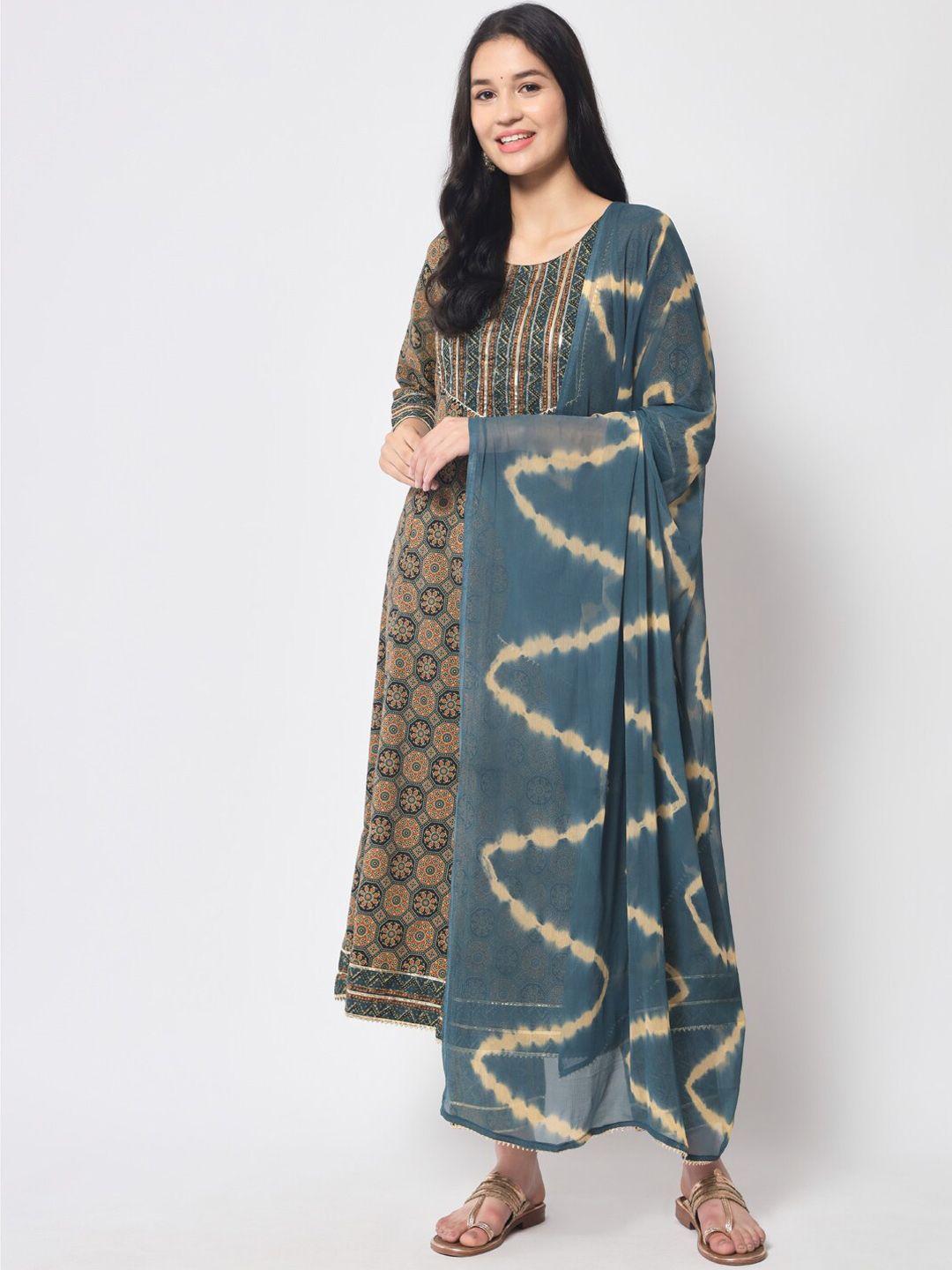 ikdaiya ethnic motifs printed paneled anarkali kurta with trousers & dupatta