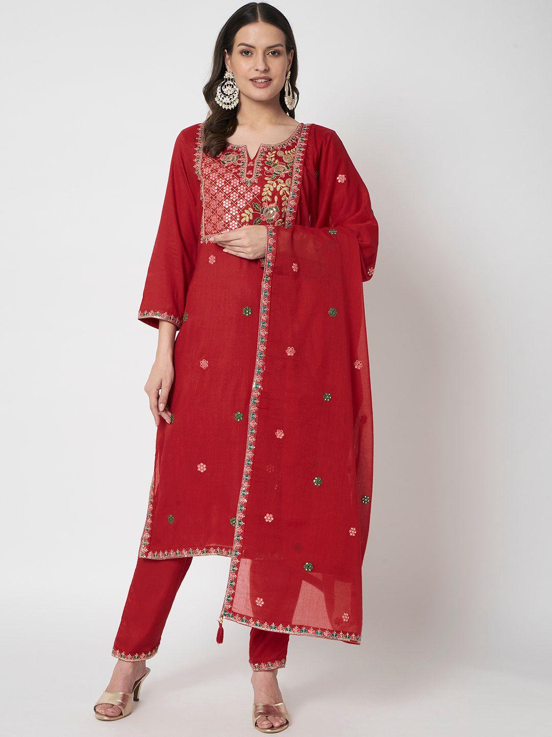 ikdaiya floral embroidered mirror work sequined kurta with trousers & dupatta