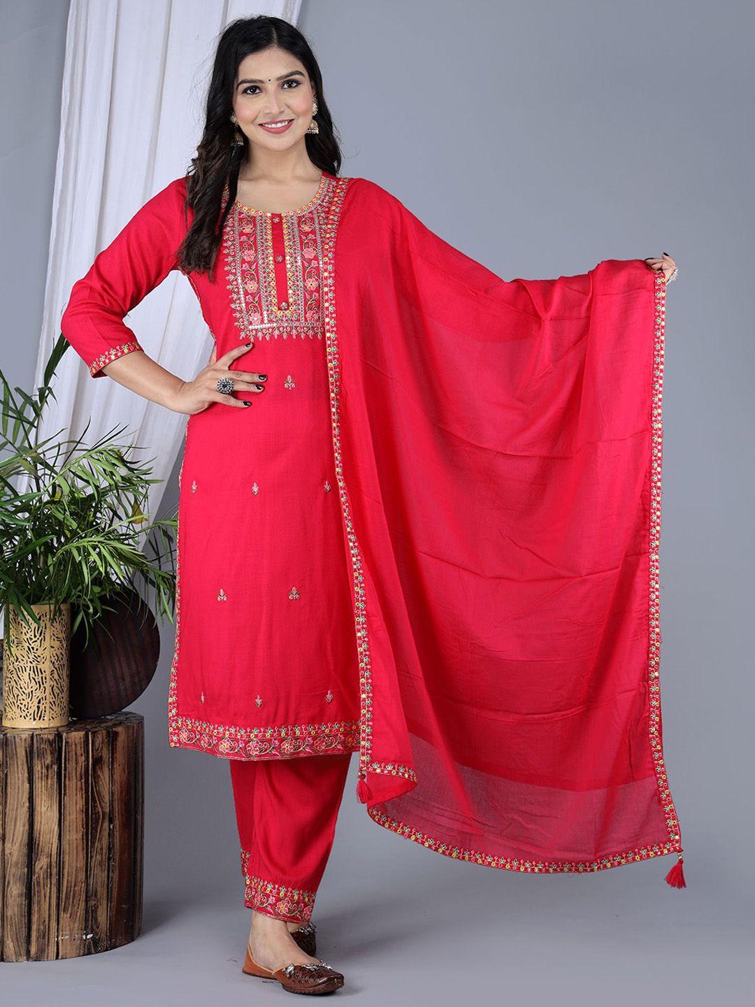 ikdaiya floral embroidered regular straight kurta & trousers with dupatta