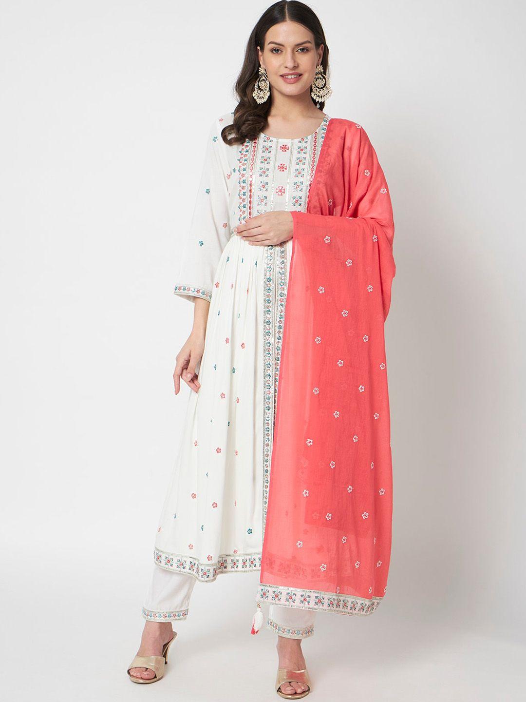 ikdaiya floral embroidered thread work kurta with trousers & dupatta