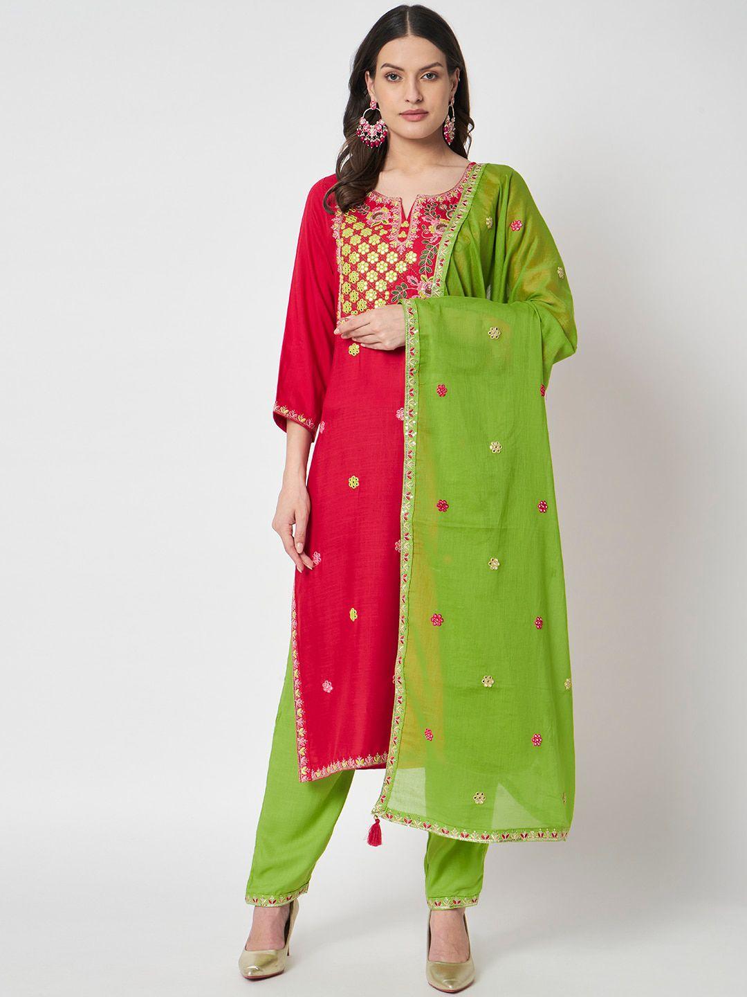 ikdaiya floral embroidered thread work kurta with trousers & dupatta