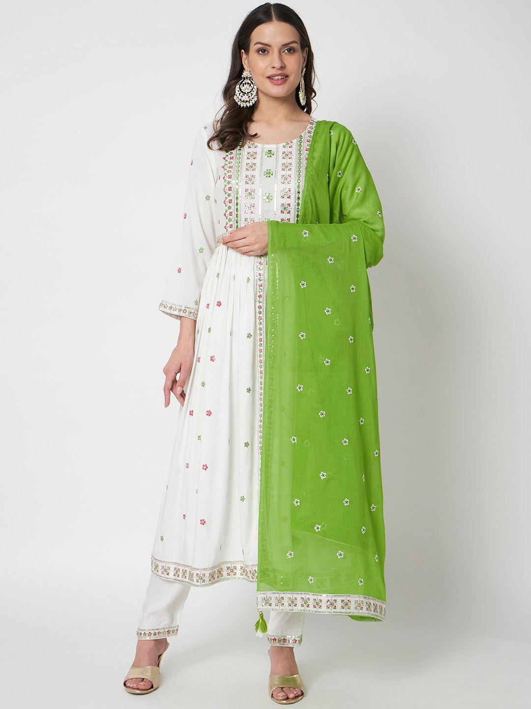 ikdaiya floral embroidered yoke design mirror work kurta with trousers & with dupatta