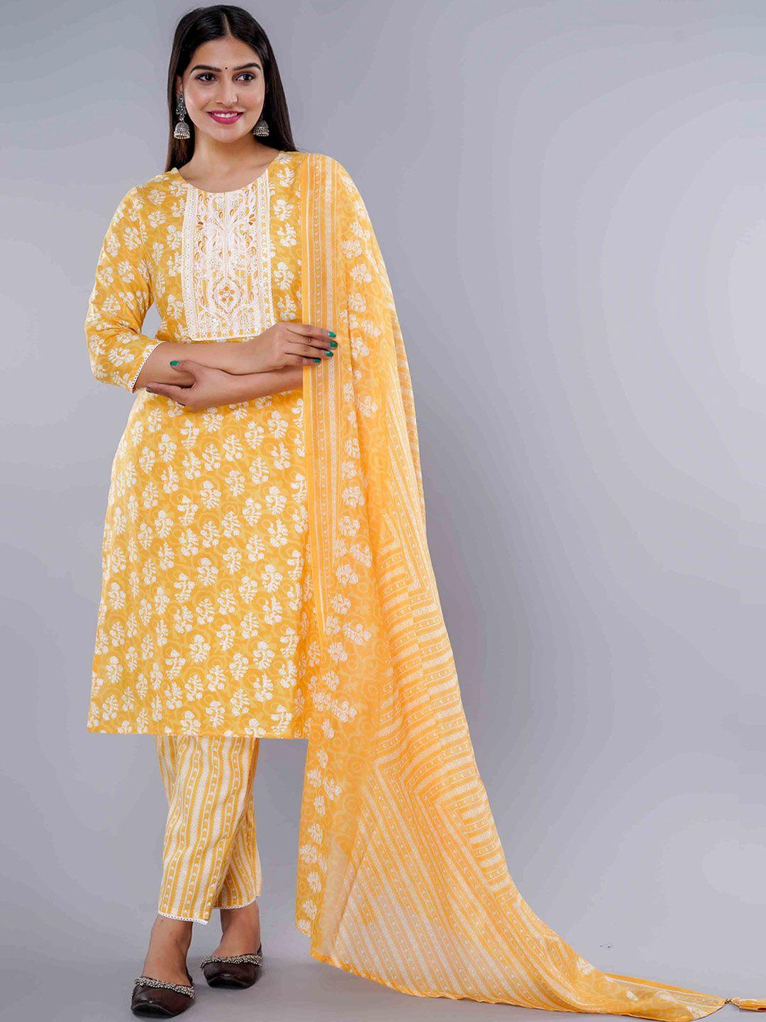 ikdaiya floral printed pure cotton kurta with trousers & dupatta