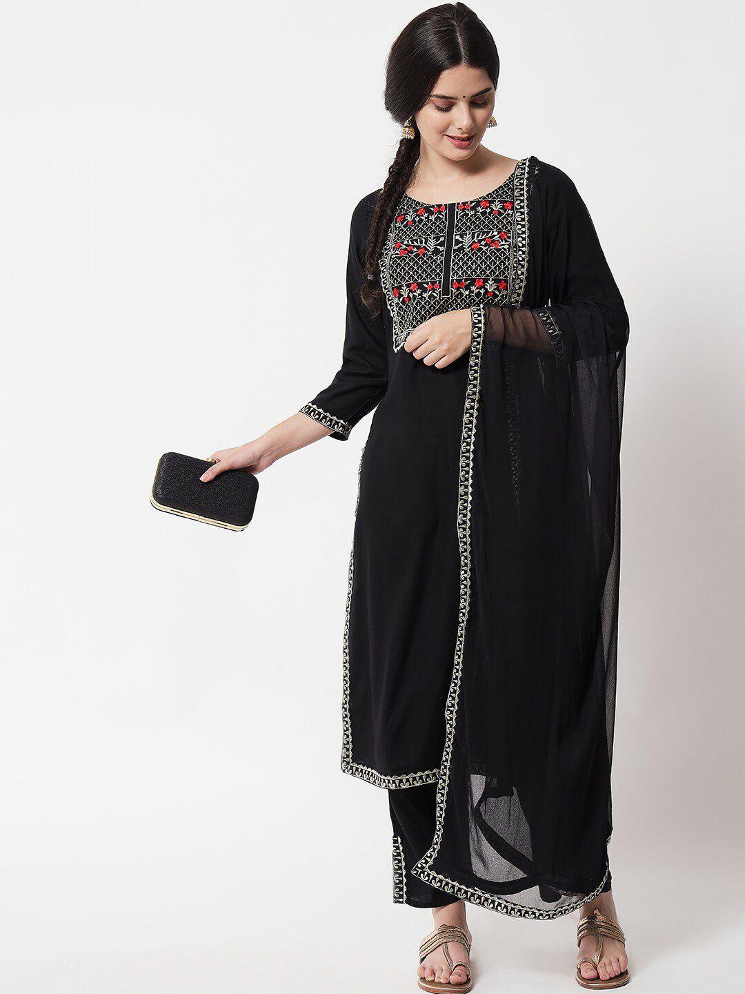 ikdaiya women black embroidered  kurta with palazzos & with dupatta