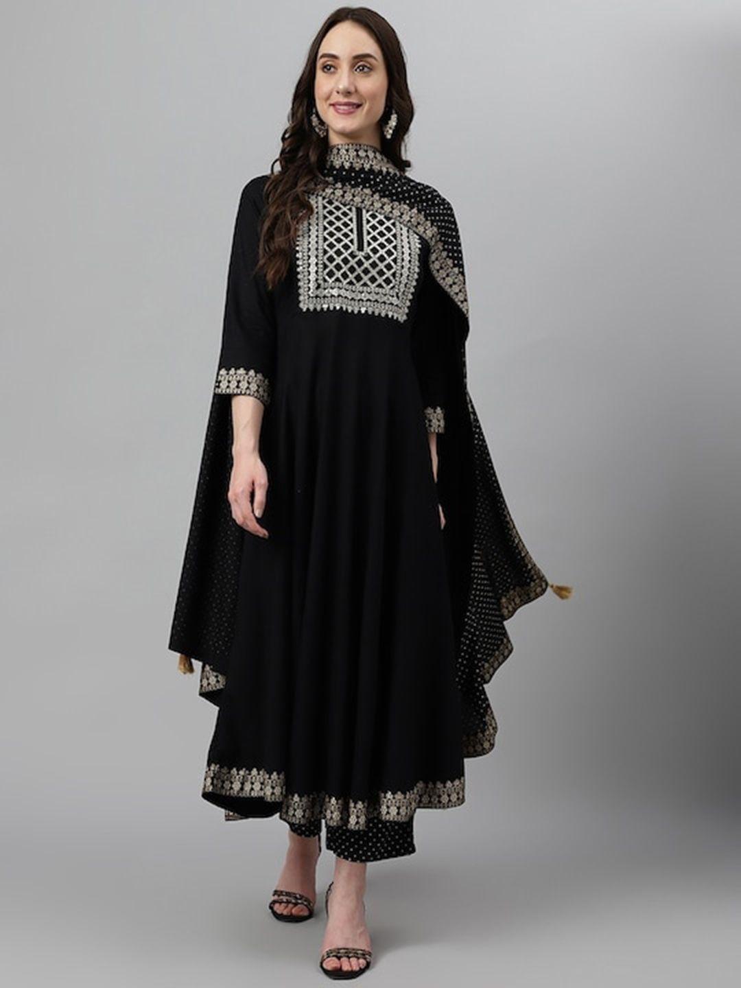 ikdaiya women black embroidered kurta with trousers & with dupatta