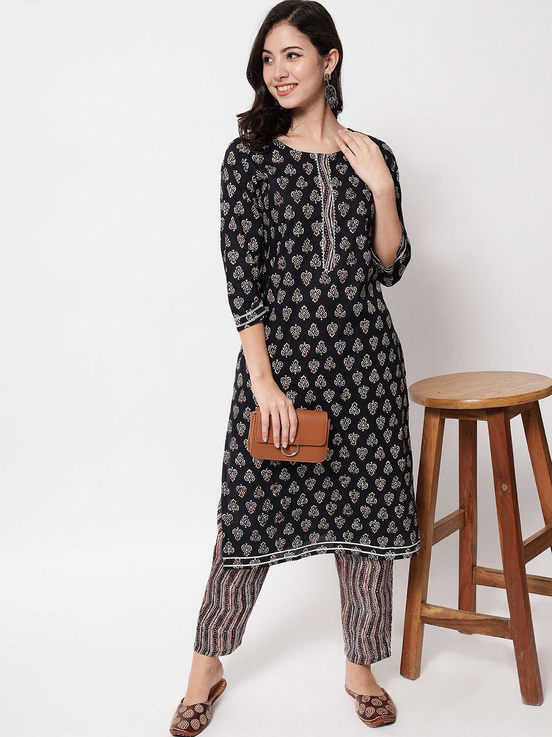 ikdaiya women black ethnic motifs printed  pure cotton kurta with trousers