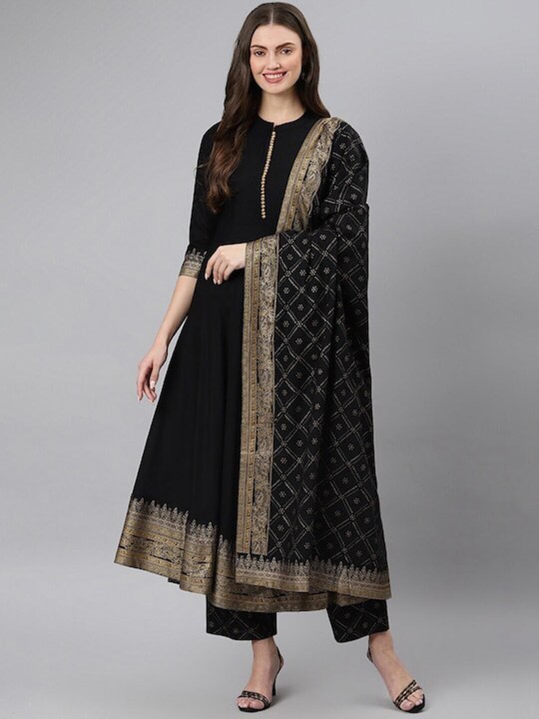 ikdaiya women black regular kurta with trousers & with dupatta