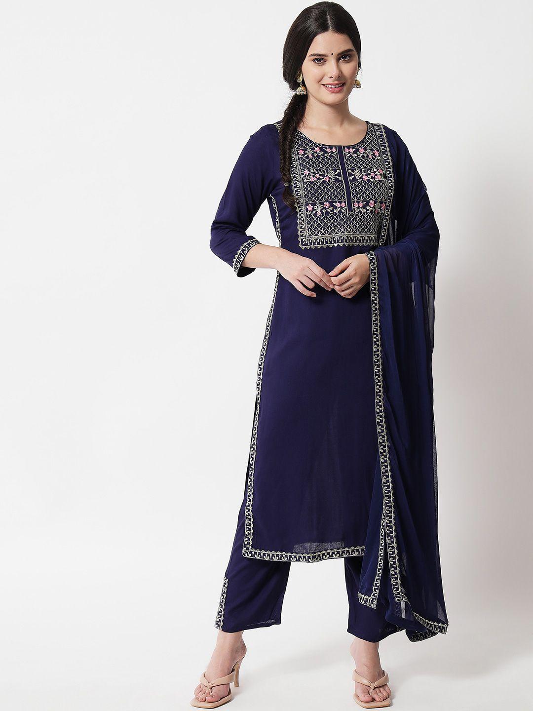 ikdaiya women blue ethnic motifs embroidered kurta with trousers & with dupatta