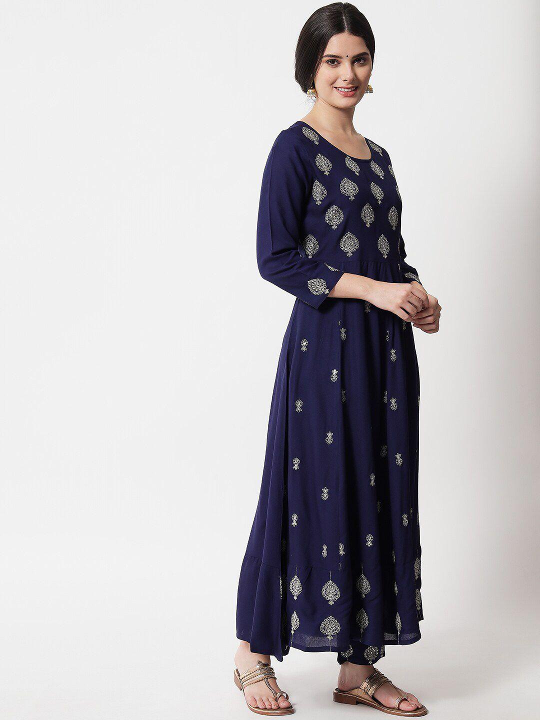 ikdaiya women blue ethnic motifs printed empire kurta with trousers & with dupatta