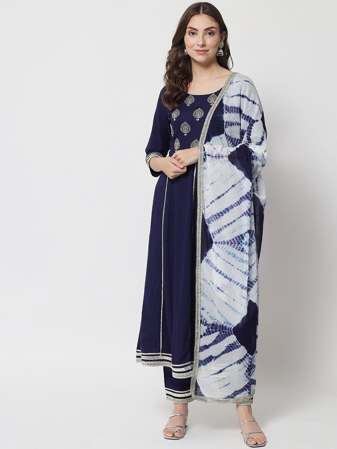 ikdaiya women blue ethnic motifs printed kurti with trousers & with dupatta