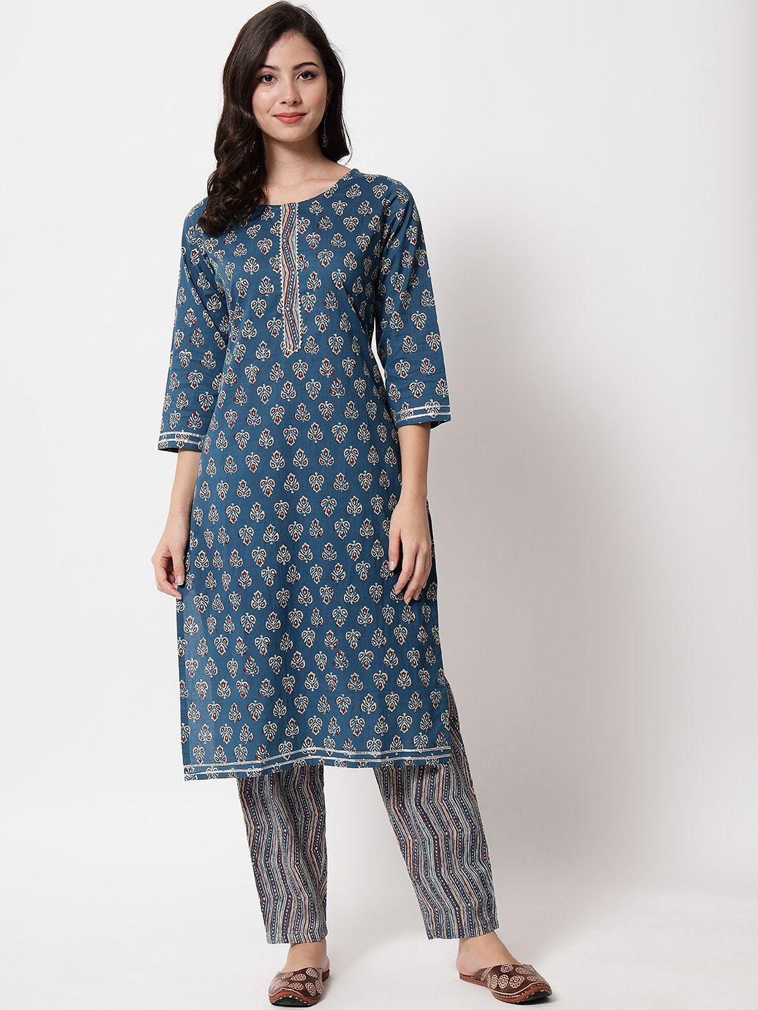 ikdaiya women blue ethnic motifs printed pure cotton kurta with trousers