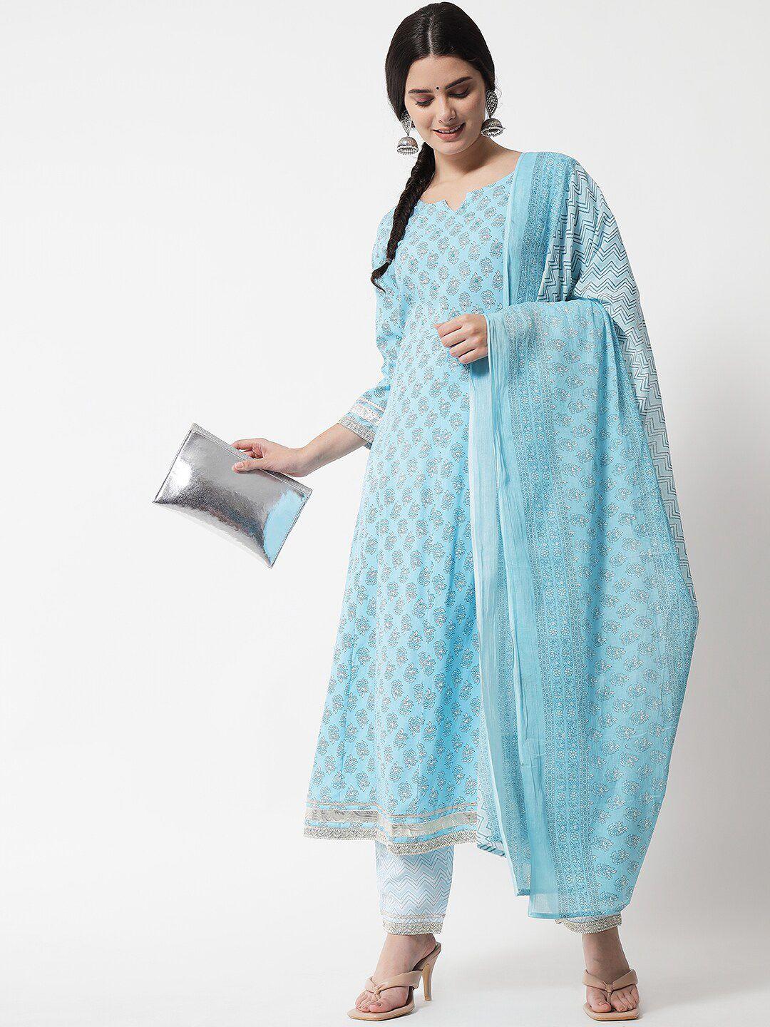 ikdaiya women blue printed panelled kurta with trousers & with dupatta