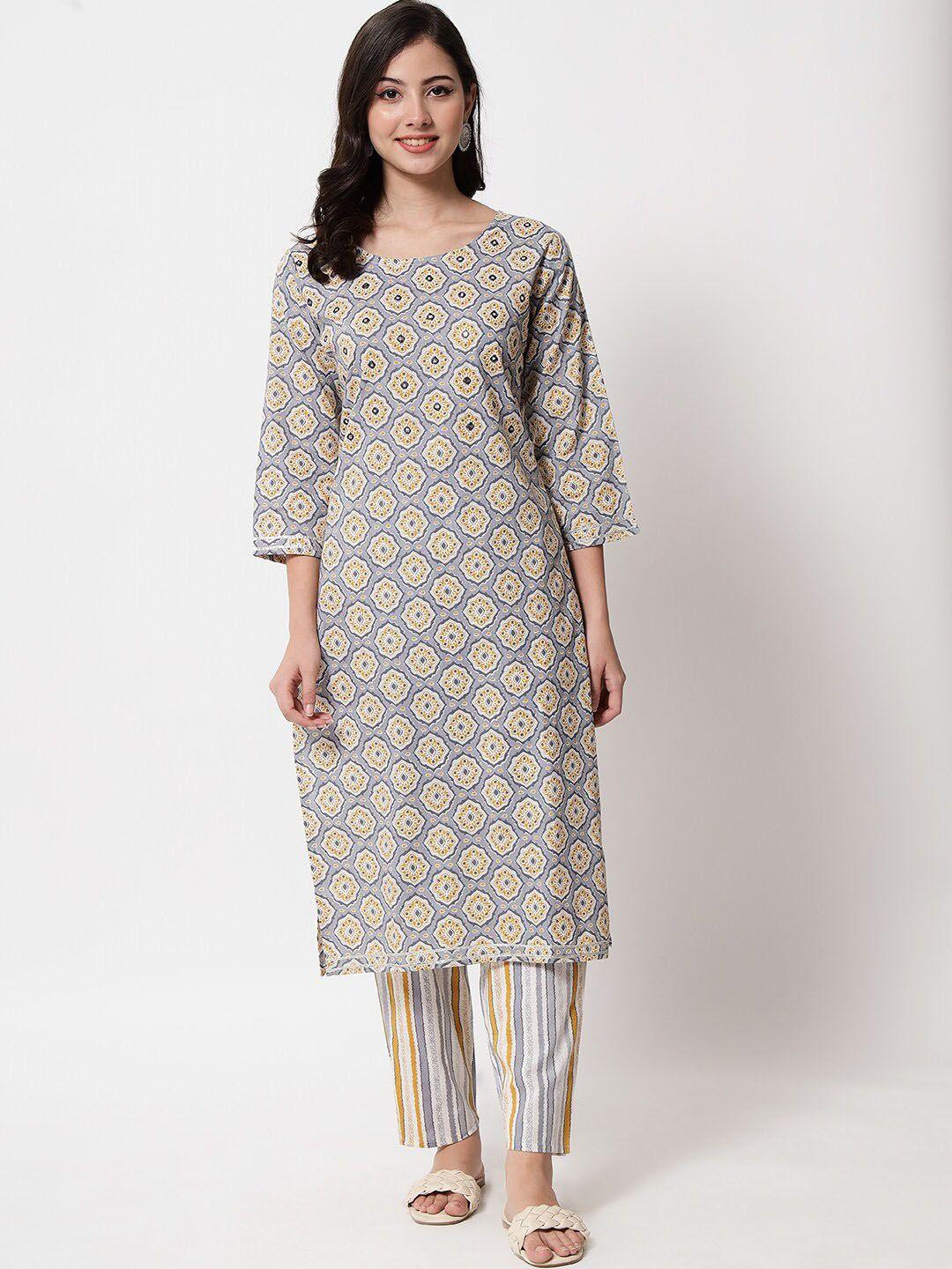 ikdaiya women grey floral printed pure cotton kurta with palazzo