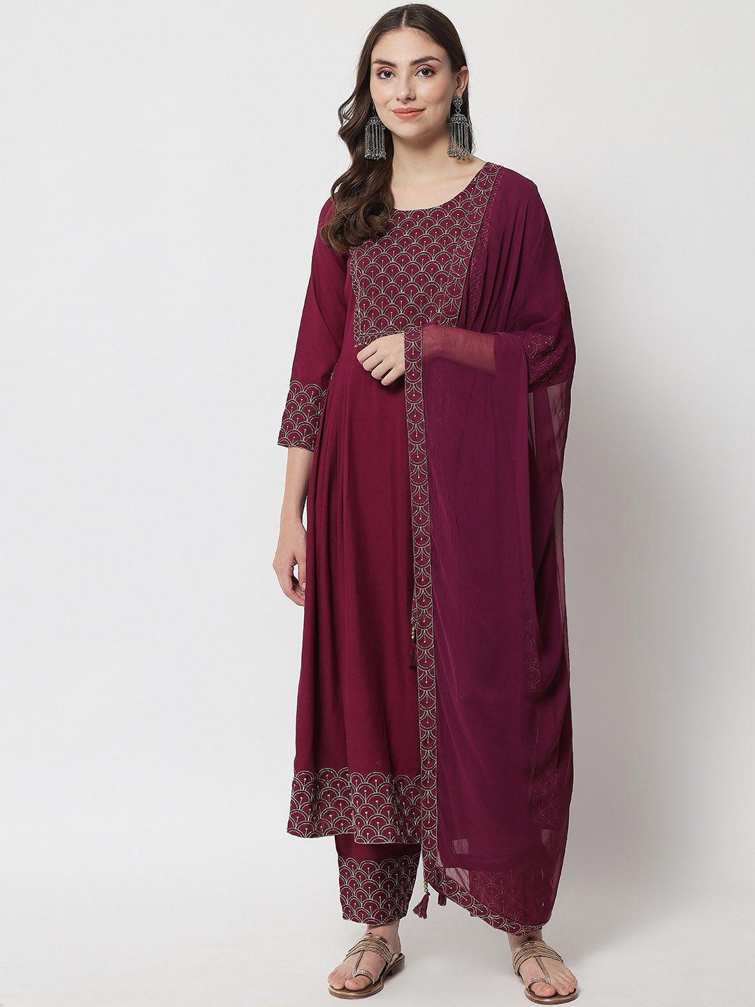 ikdaiya women magenta ethnic motifs panelled kurta with trousers & with dupatta