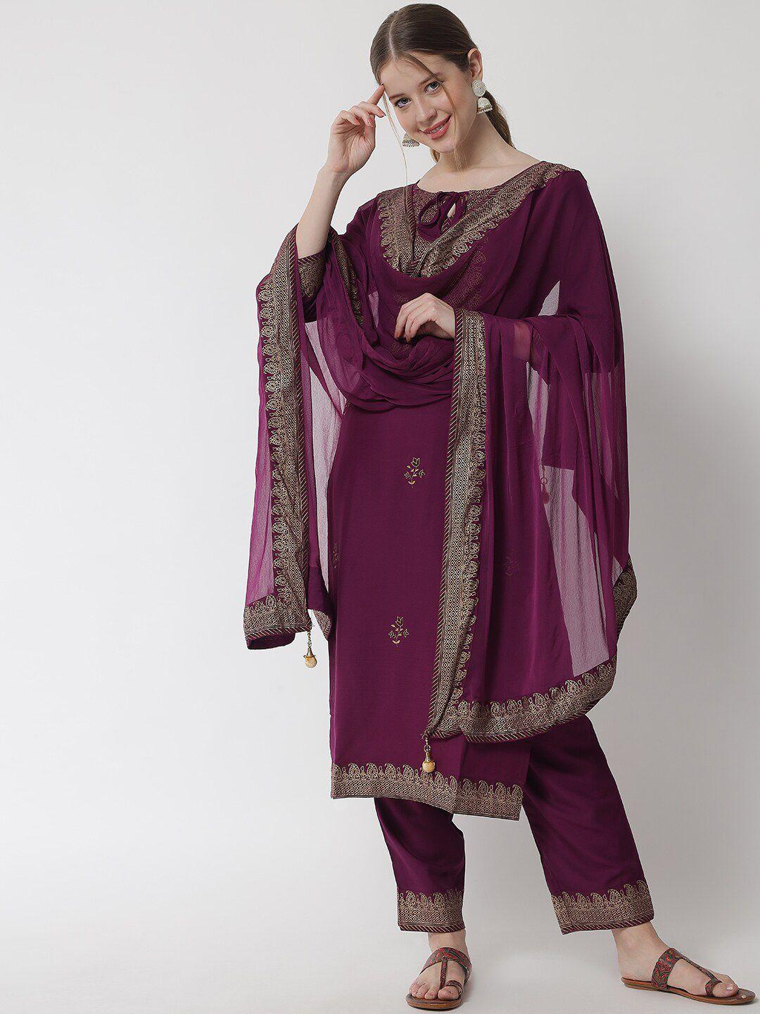 ikdaiya women magenta ethnic motifs printed kurta with trousers & with dupatta