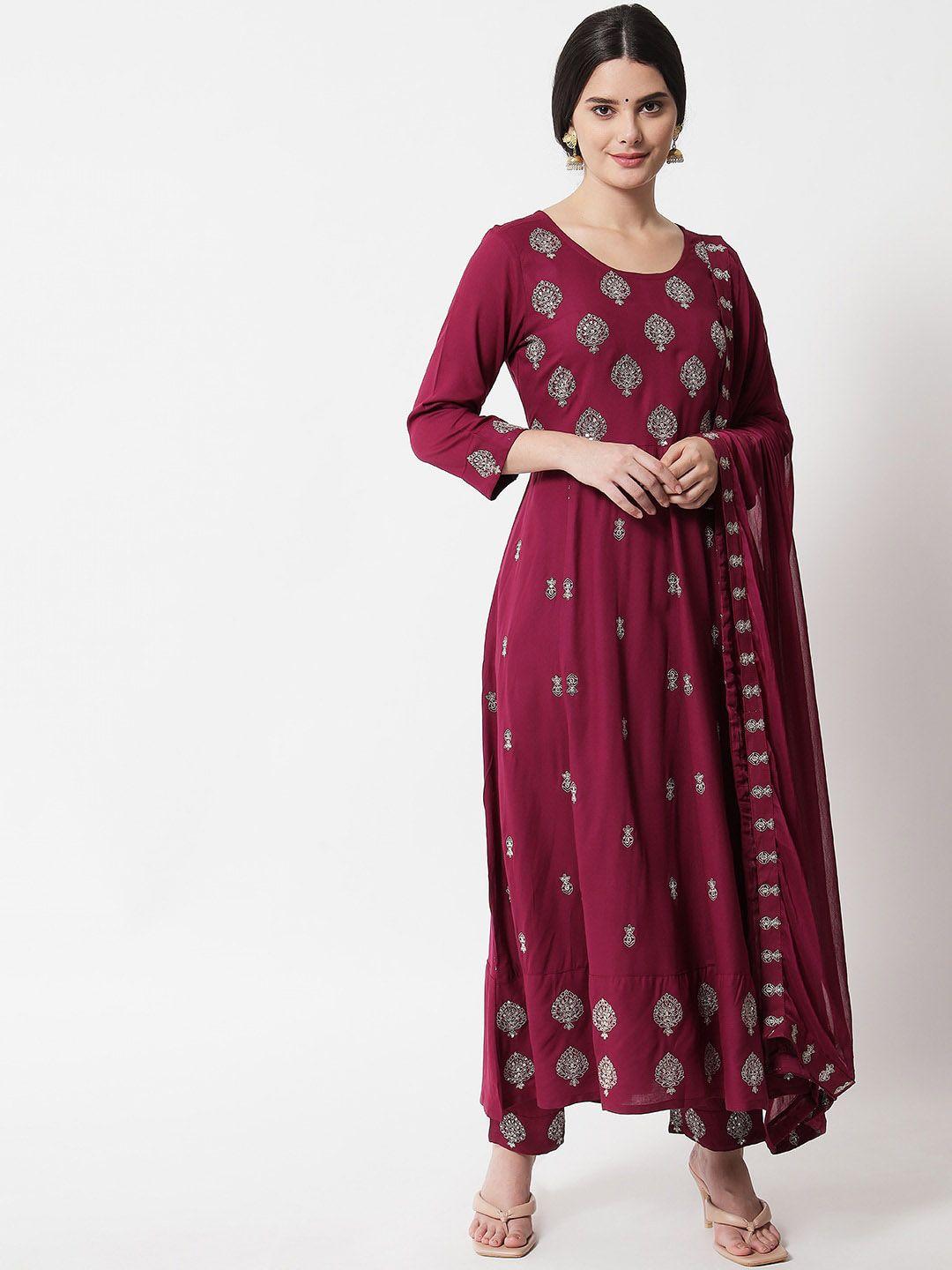 ikdaiya women magenta printed pleated kurta with trousers & with dupatta