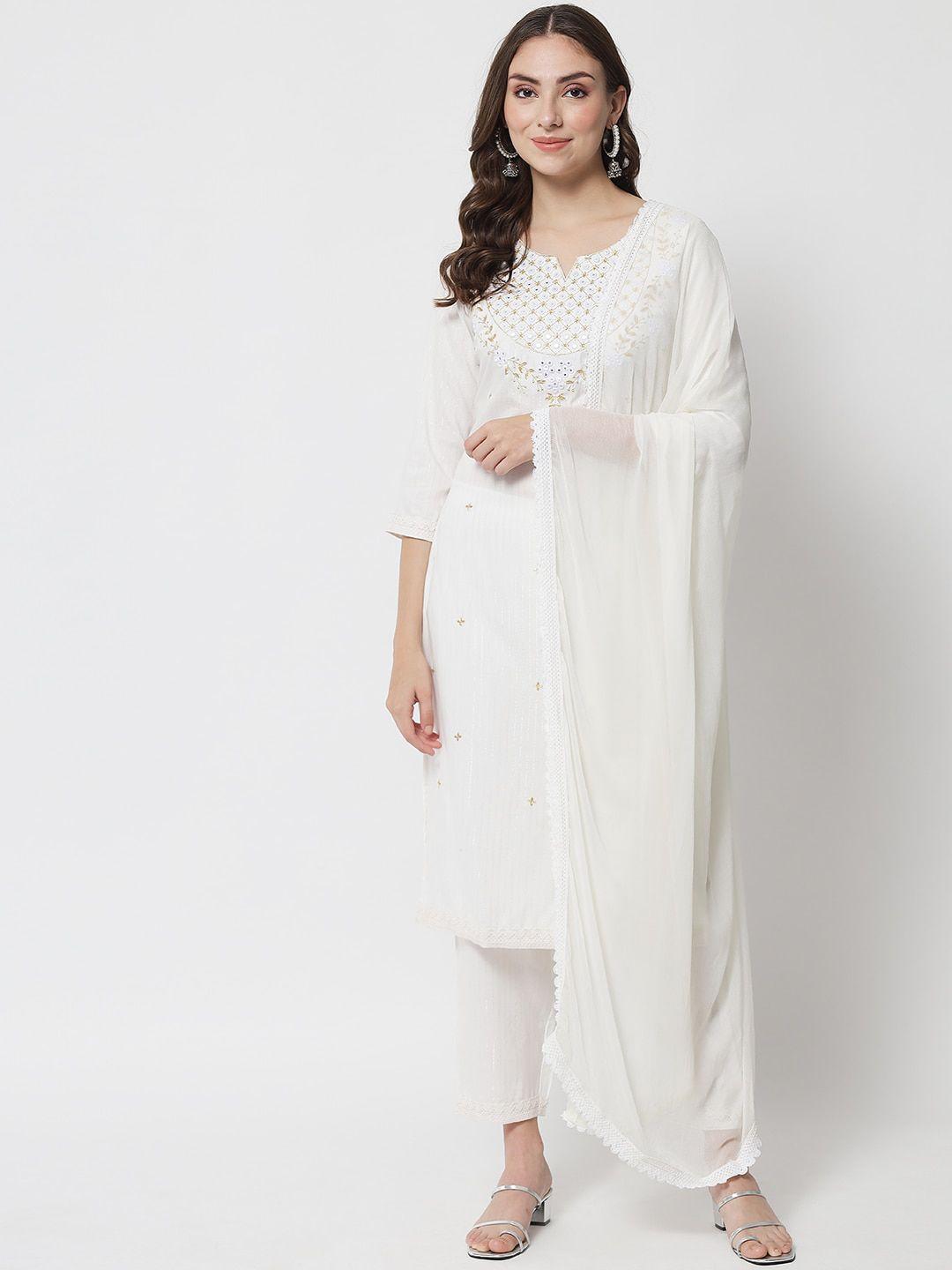ikdaiya women off white floral embroidered kurta with trousers & with dupatta
