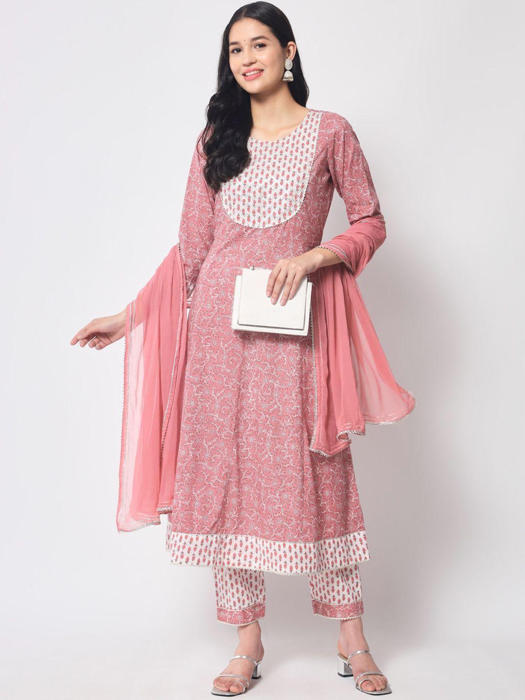 ikdaiya women pink floral printed kurta with trousers & with dupatta