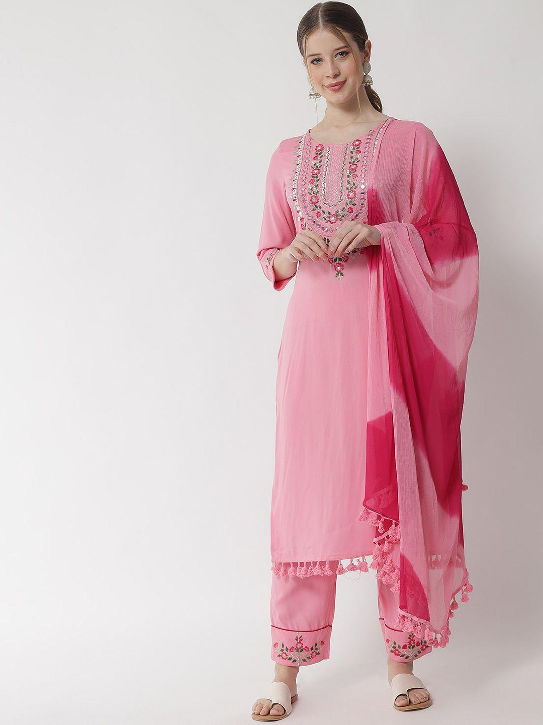 ikdaiya women pink floral yoke design empire thread work kurta with trousers with dupatta