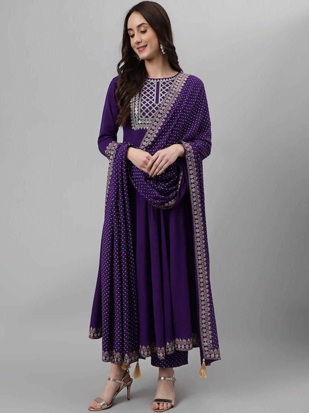 ikdaiya women purple embroidered kurta with trousers & with dupatta