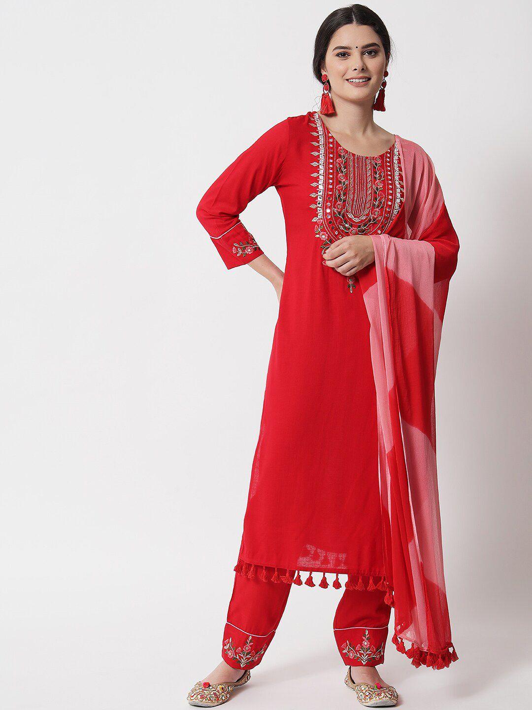 ikdaiya women red ethnic motifs embroidered kurta with trouser & with dupatta