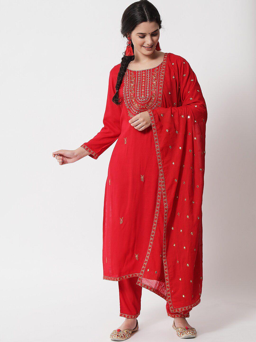 ikdaiya women red ethnic motifs embroidered kurta with trousers & dupatta