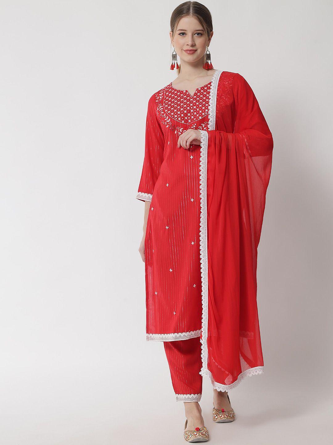ikdaiya women red ethnic motifs embroidered panelled kurta with trousers & dupatta