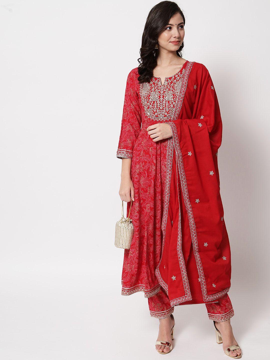 ikdaiya women red ethnic motifs kurta with trouser & dupatta