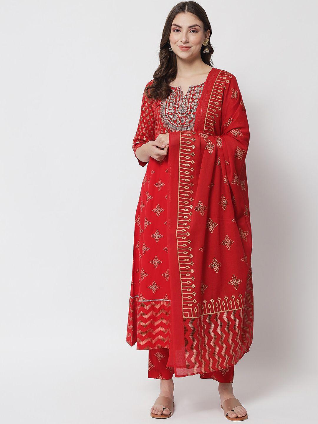 ikdaiya women red ethnic motifs printed kurta with trousers & with dupatta