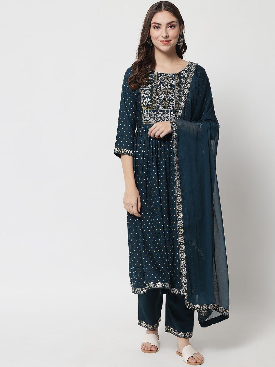 ikdaiya women teal printed kurta set with thread work