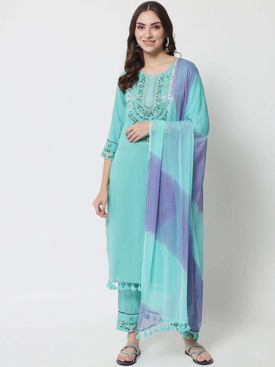 ikdaiya women turquoise blue ethnic motifs yoke design mirror work kurta with palazzos & with dupatta