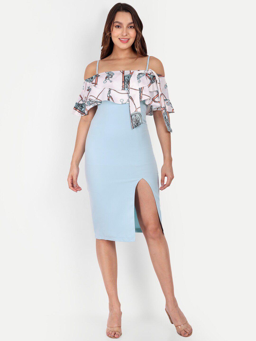 iki chic conversational printed cold-shoulder ruffled bodycon dress
