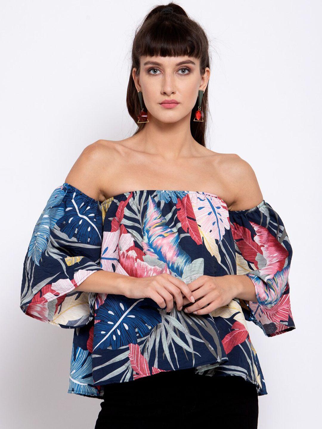 iki chic multicoloured tropical printed off-shoulder bardot top