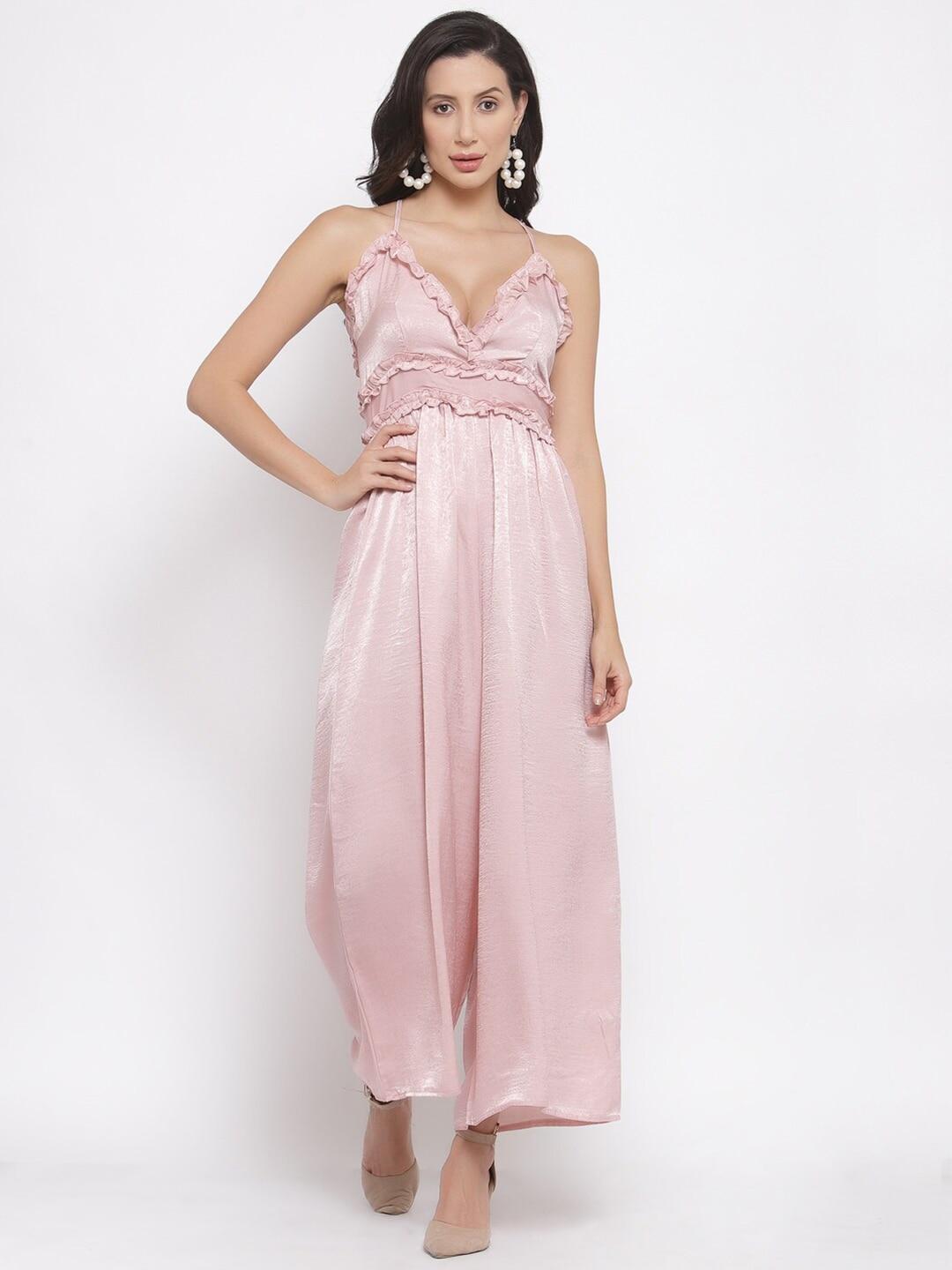 iki chic pink modal culotte jumpsuit with ruffles