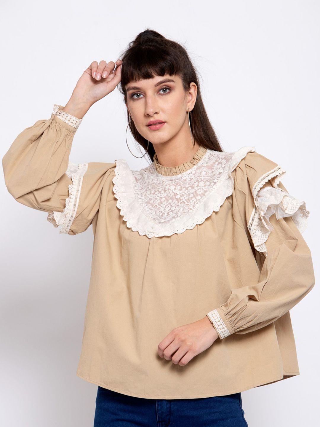 iki chic women beige embroidered  puff sleeve boxy top