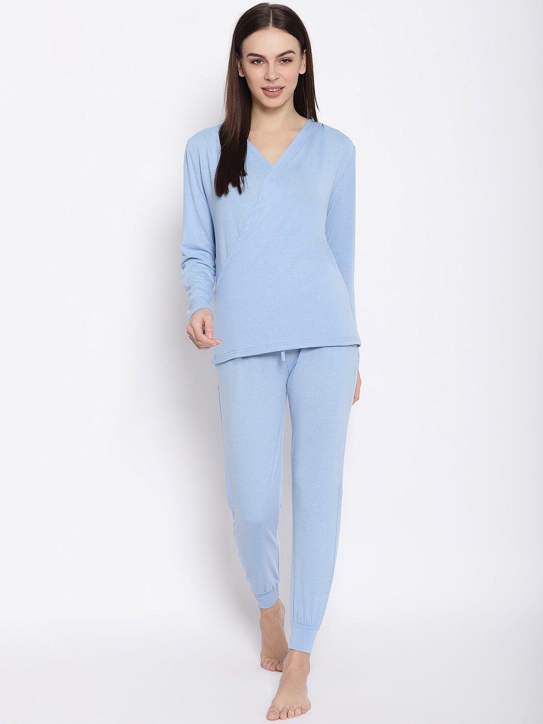 iki chic women blue solid top with trousers
