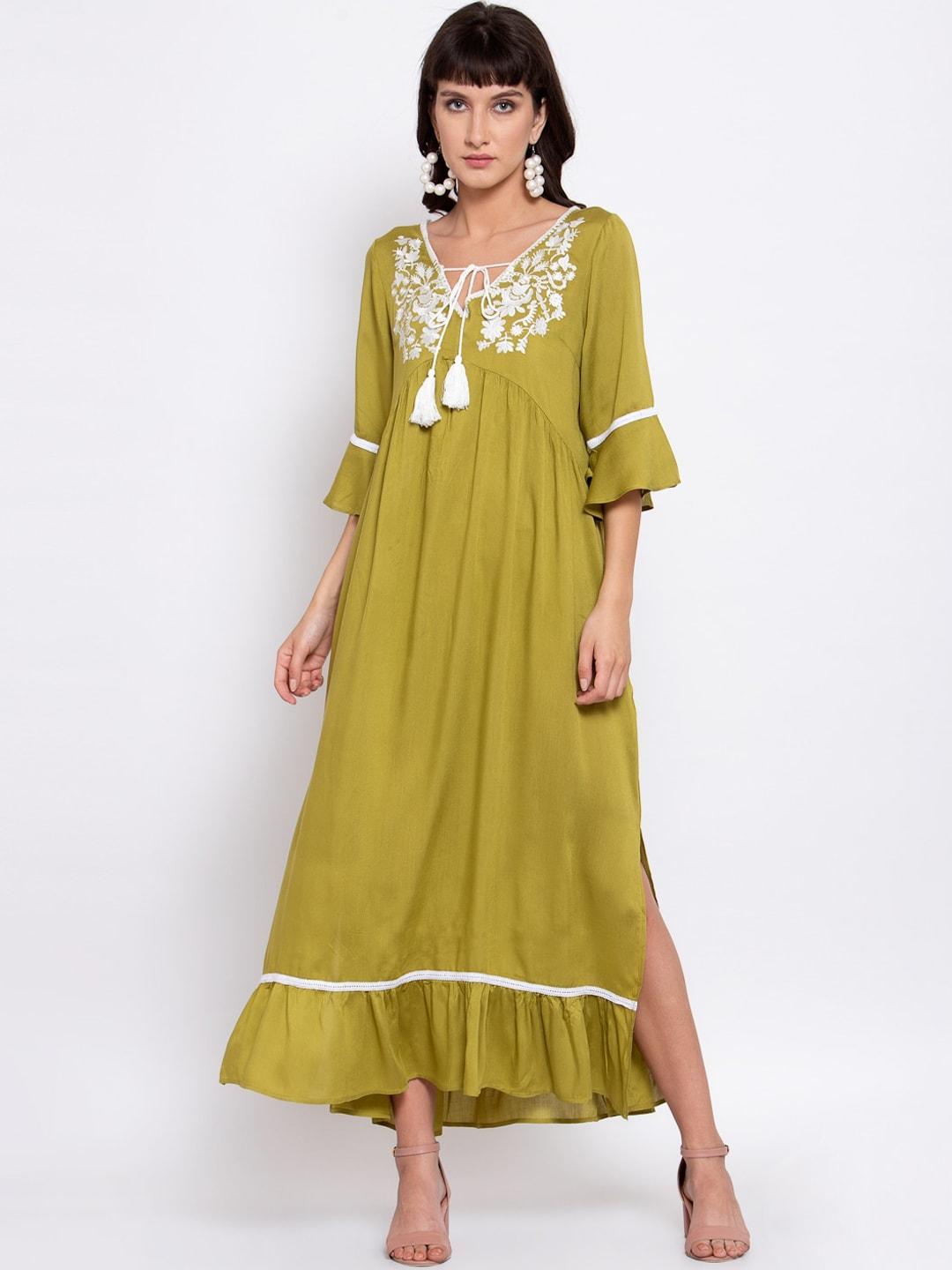 iki-chic-women-green-bohemian-thread-embroidered-loose-maxi-dress